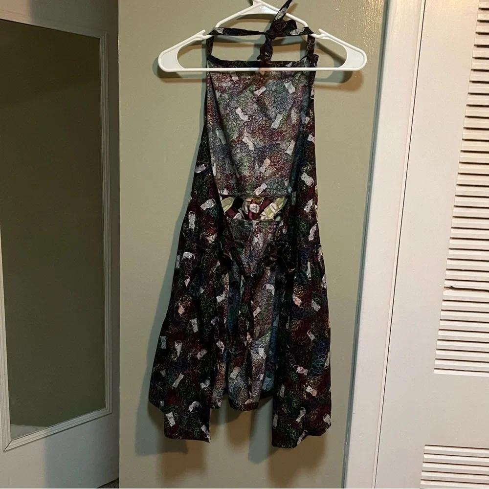 Handmade Apron Black Neon Cat Print Wine Bottle Details Pocket Tie Back